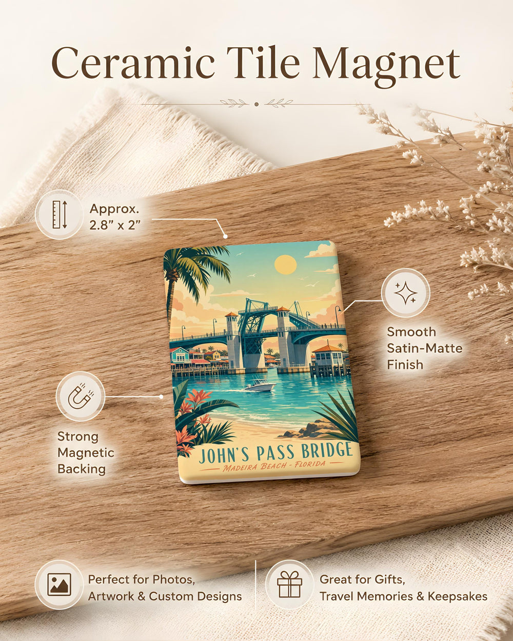 Johns Pass Bridge Fridge Magnet, Johns Pass Florida Souvenir Magnet, Bridge Landmark Travel Gift, Coastal Waterfront Keepsake Magnet