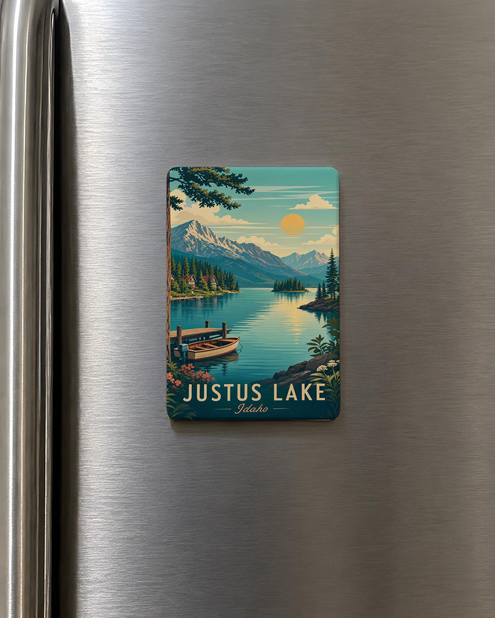Justus Lake Fridge Magnet, Lake Landscape Souvenir Magnet, Nature Scenery Kitchen Magnet, Lakeside Travel Gift