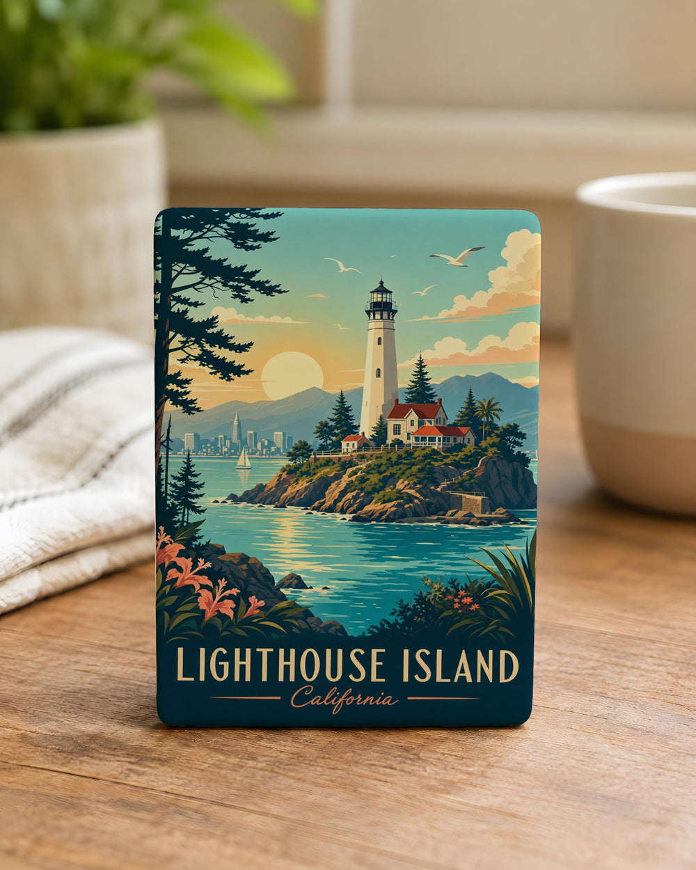 Lighthouse Island Fridge Magnet, Coastal Lighthouse on Island Souvenir Magnet, Seaside Ocean Landmark Decor Magnet