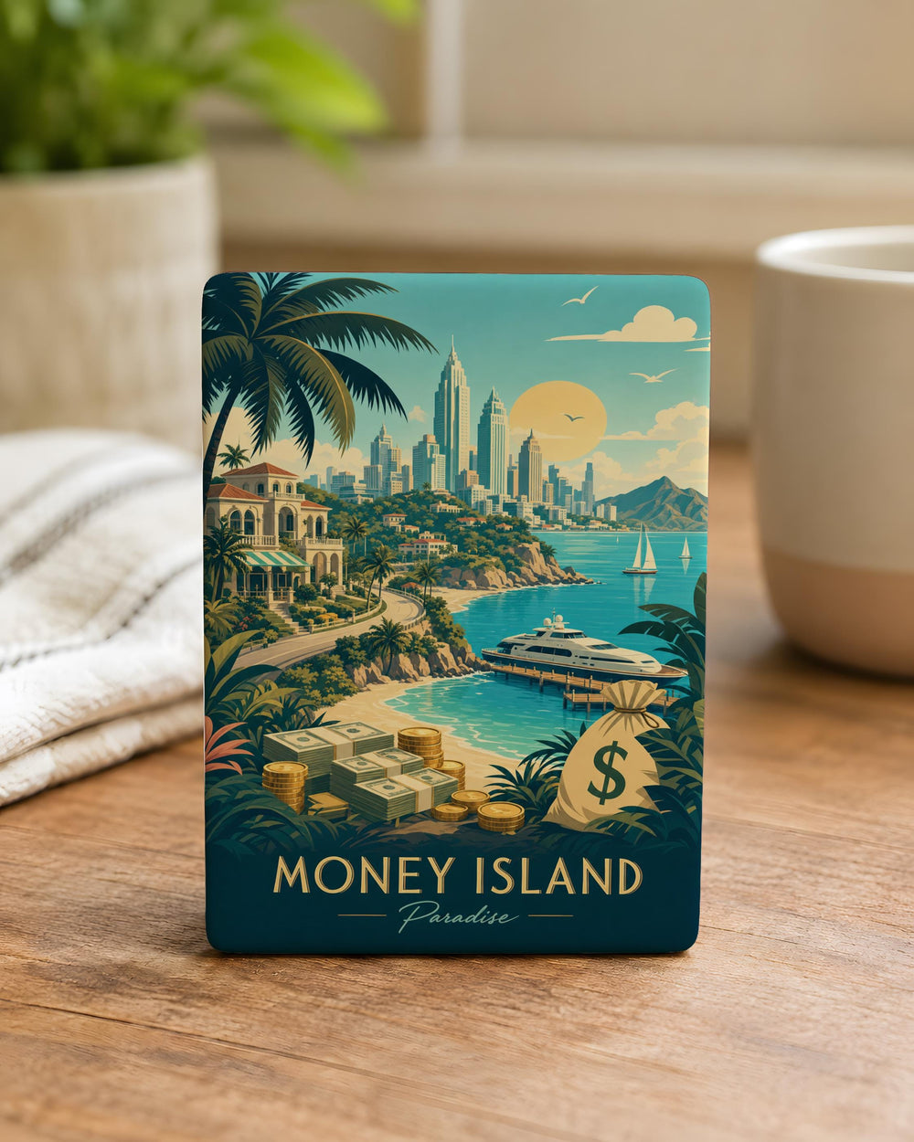 Money Island Fridge Magnet, Tropical Island Money Theme Magnet, Cash Treasure Island Souvenir Magnet, Island Wealth Gift