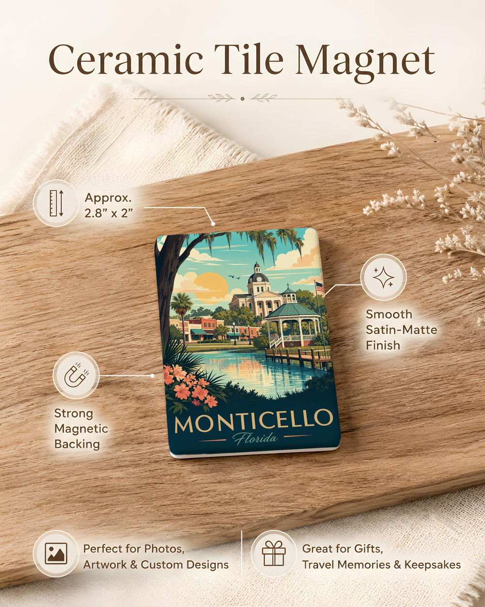 Monticello Florida Fridge Magnet, Monticello FL Souvenir Magnet, Jefferson County Travel Gift, Florida Town Keepsake Magnet