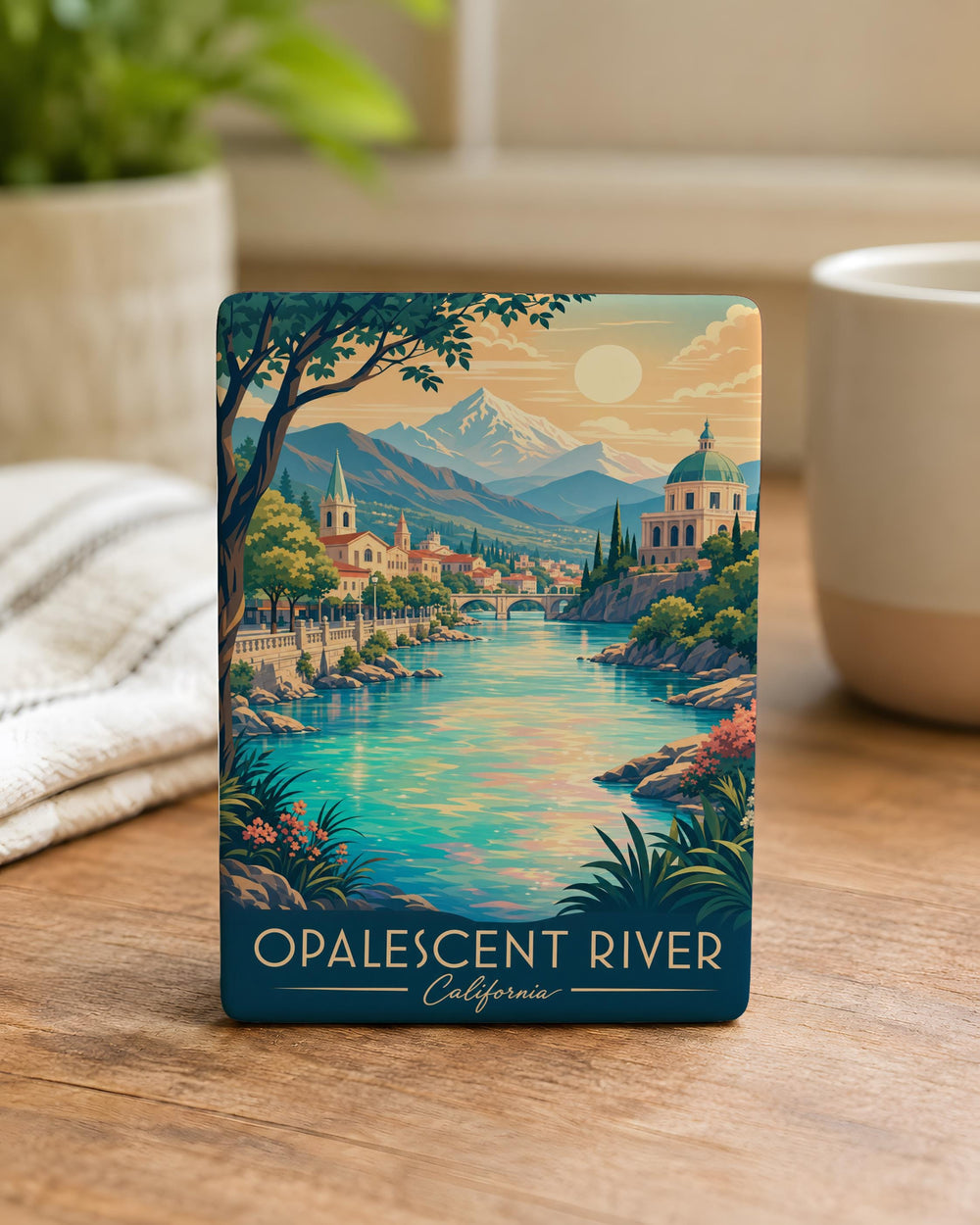 Opalescent River Fridge Magnet, Shimmering River Waterway Scene Souvenir Magnet, Nature Landscape Refrigerator Magnet