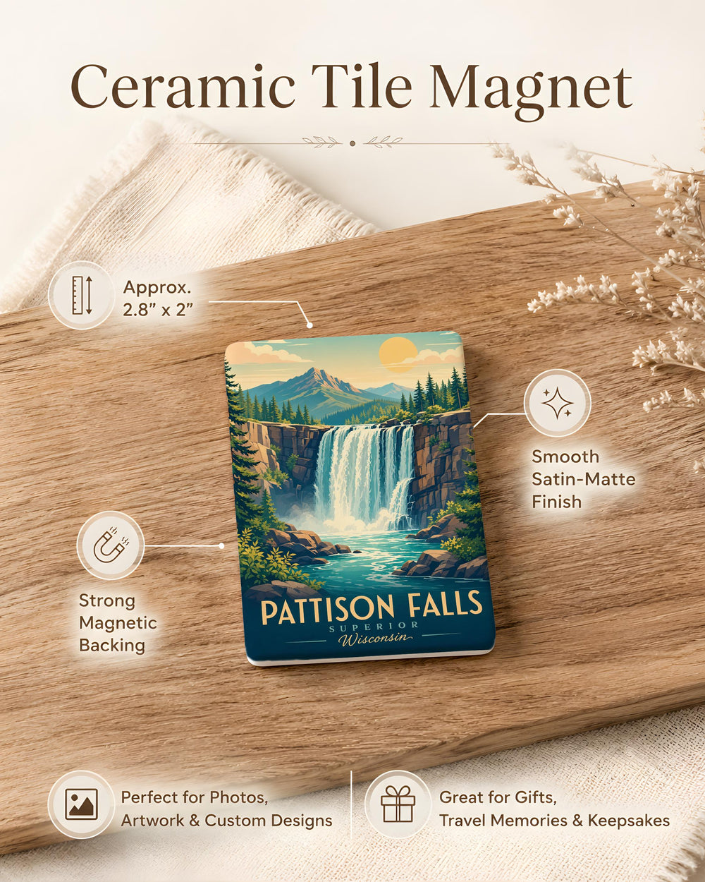 Pattison Falls Fridge Magnet, Pattison State Park Waterfall Souvenir, Wisconsin Nature Travel Gift Magnet