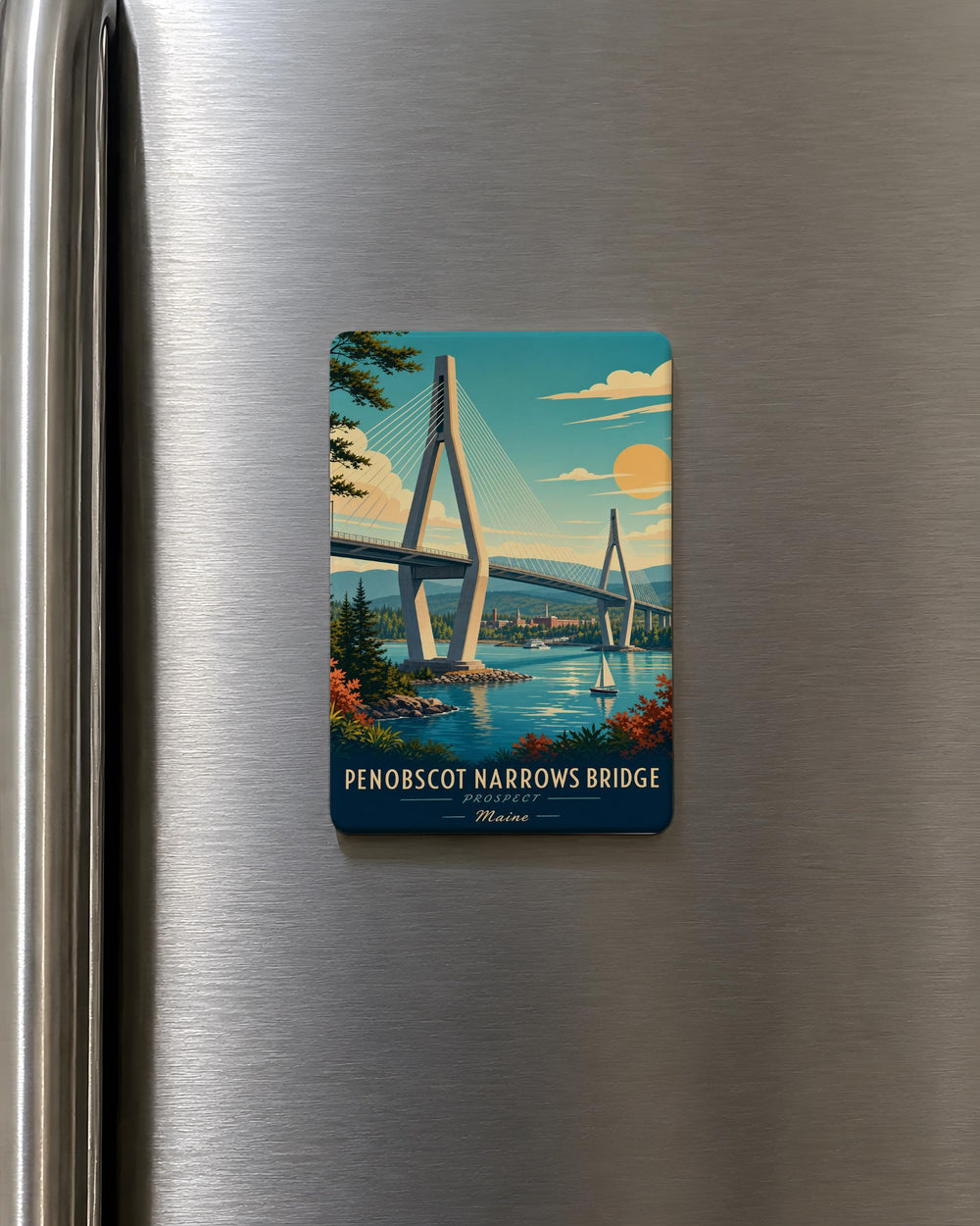 Penobscot Narrows Bridge Fridge Magnet, Maine Suspension Bridge Souvenir Magnet, Fort Knox State Park Landmark Magnet