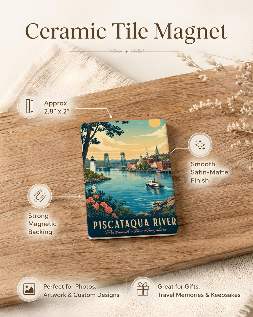 Piscataqua River Fridge Magnet, New Hampshire Maine Waterfront Souvenir, Coastal River Landmark Travel Gift