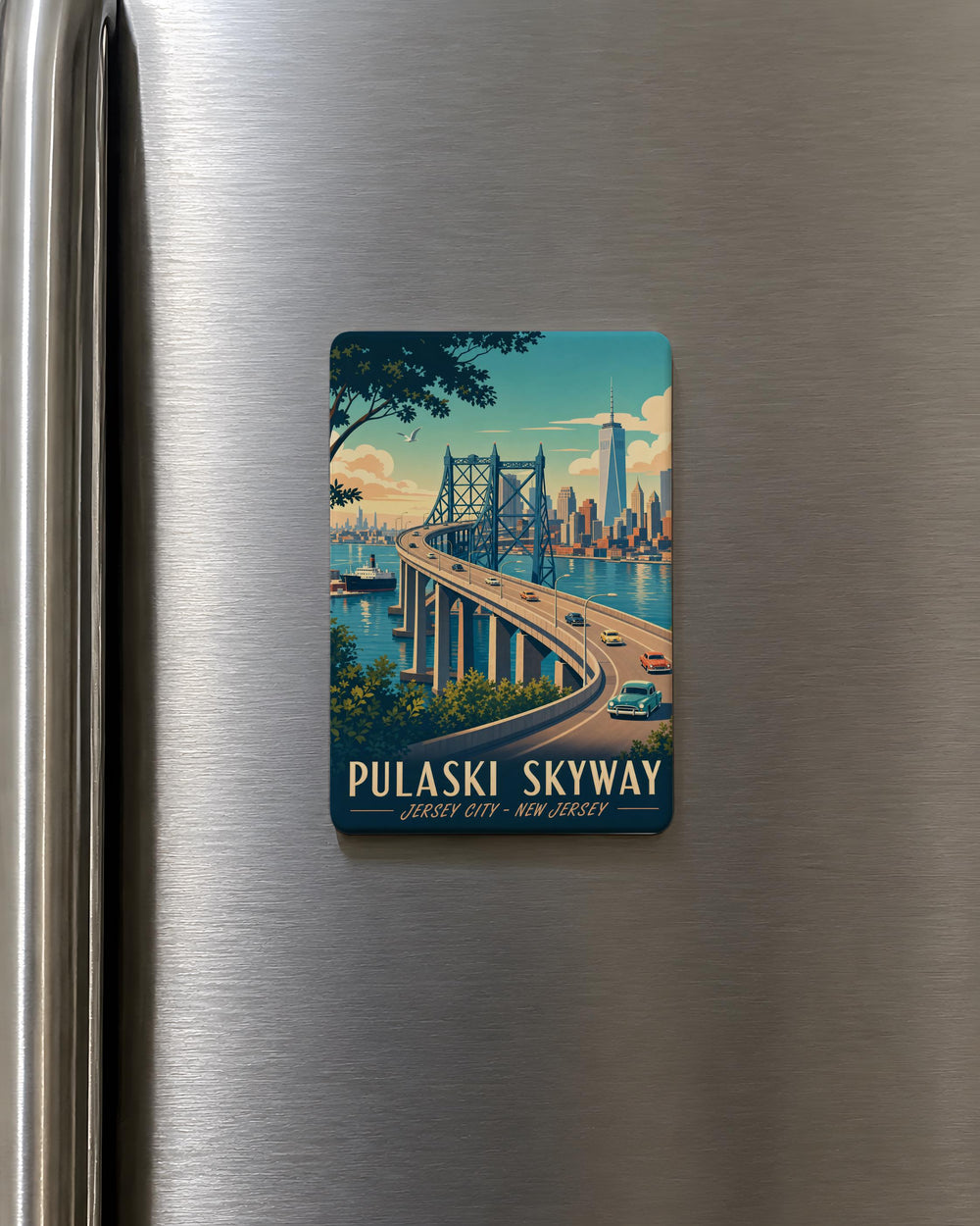 Pulaski Skyway Fridge Magnet, New Jersey Bridge Landmark Souvenir, Jersey City Newark Icon, Roadway Overpass Travel Gift