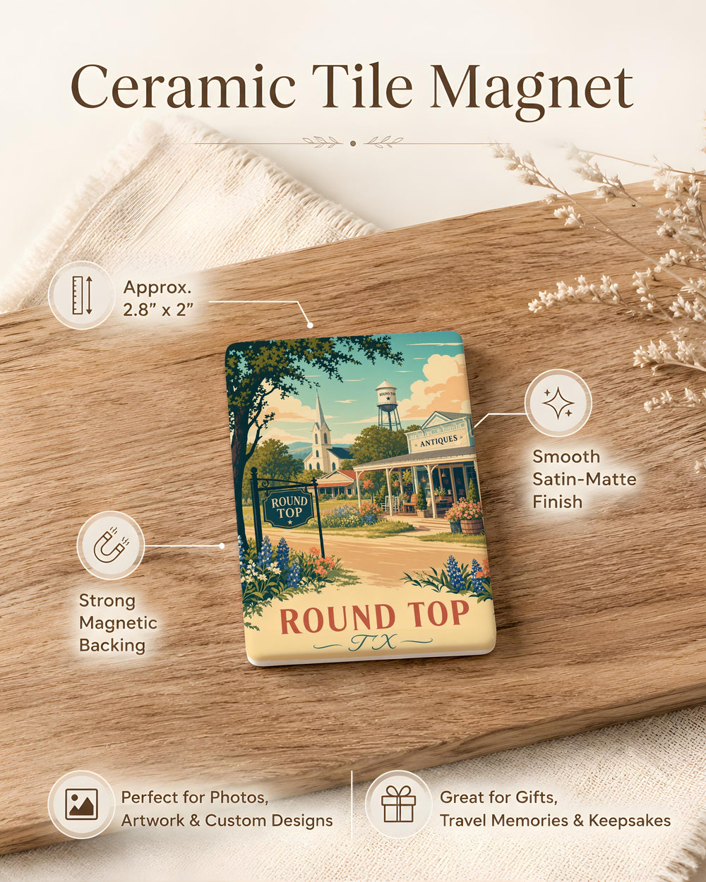Round Top Texas Fridge Magnet, Round Top TX Souvenir Magnet, Texas Travel Keepsake, Small Town Gift, Lone Star State Decor