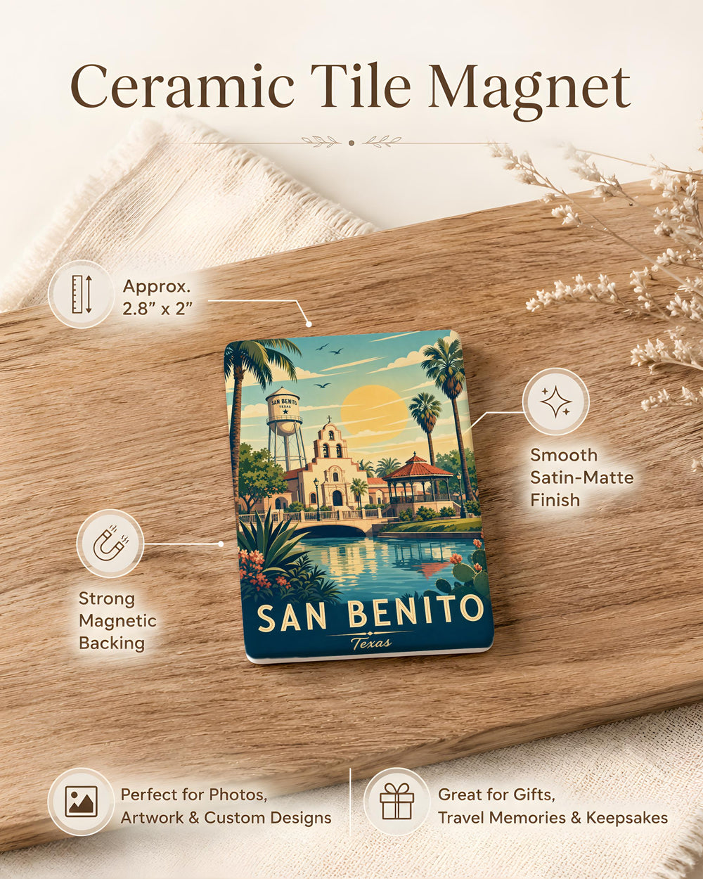 San Benito TX Fridge Magnet, San Benito Texas Souvenir Magnet, South Texas Travel Gift, City Landmark Keepsake Magnet