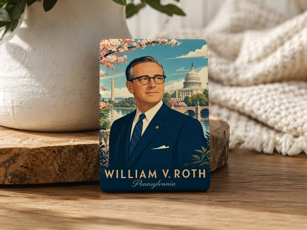 Senator William V Roth Fridge Magnet, Delaware Senator Political Tribute Magnet, US Government History Souvenir Magnet