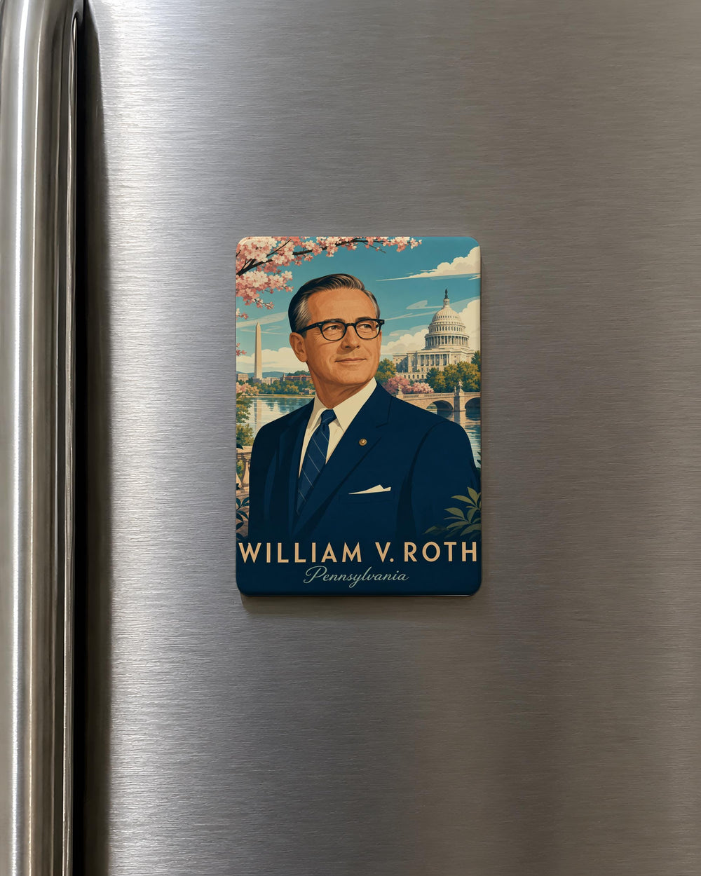 Senator William V Roth Fridge Magnet, Delaware Senator Political Tribute Magnet, US Government History Souvenir Magnet