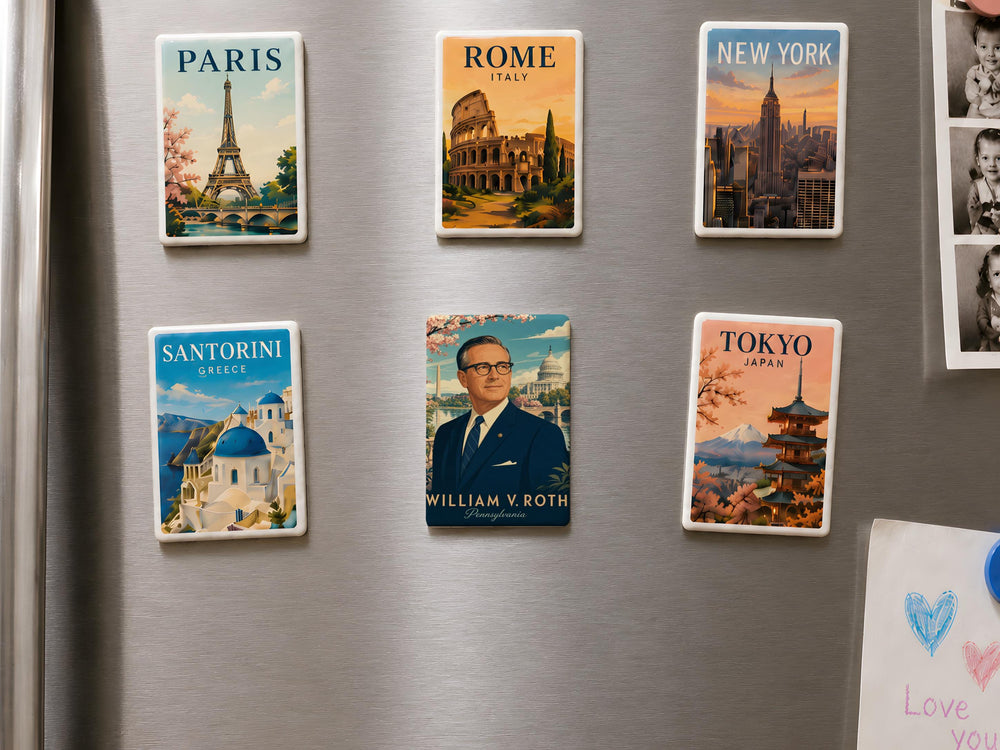 Senator William V Roth Fridge Magnet, Delaware Senator Political Tribute Magnet, US Government History Souvenir Magnet