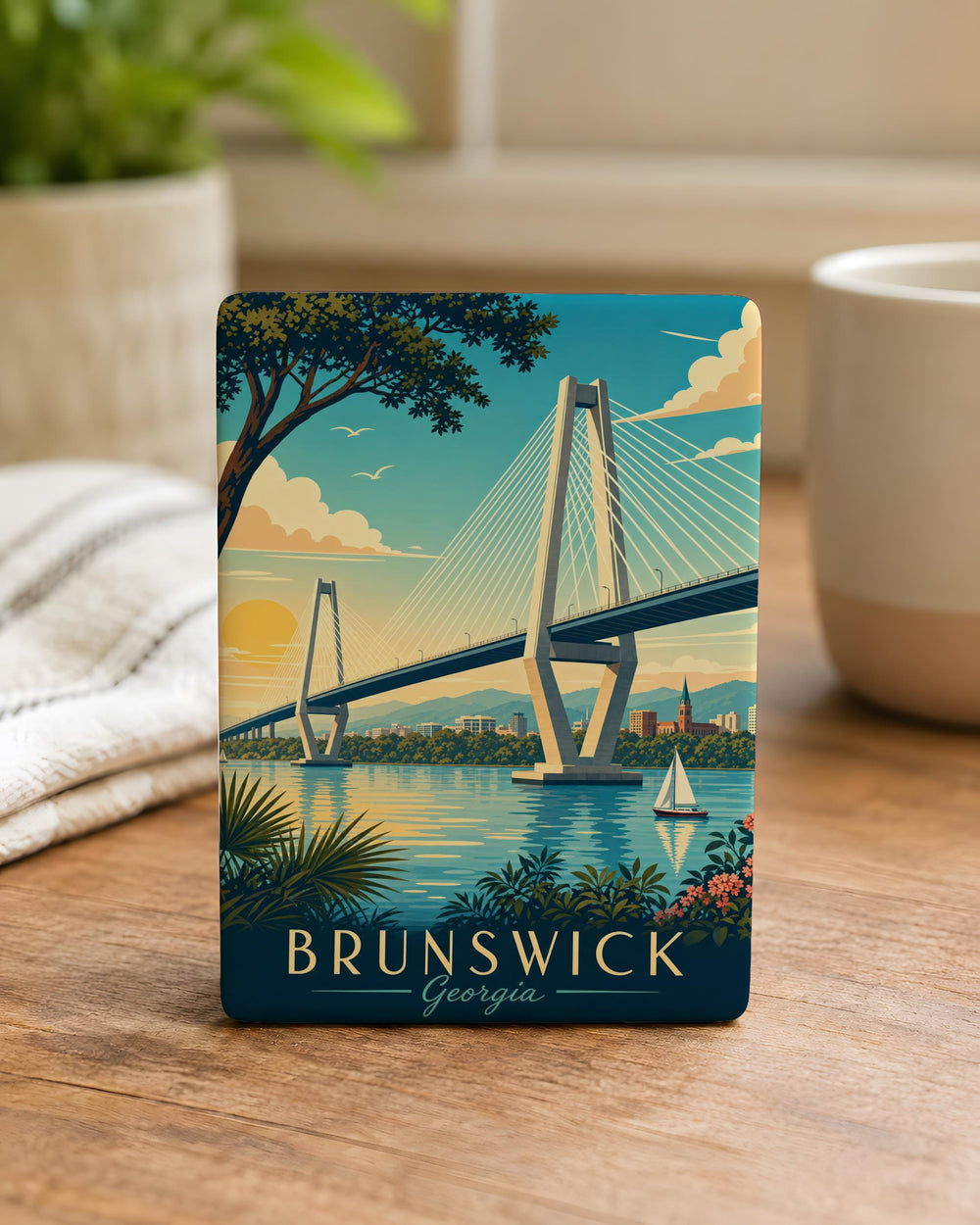 Sidney Lanier Bridge Fridge Magnet, Brunswick Georgia Landmark Souvenir, Coastal Bridge Travel Keepsake Magnet