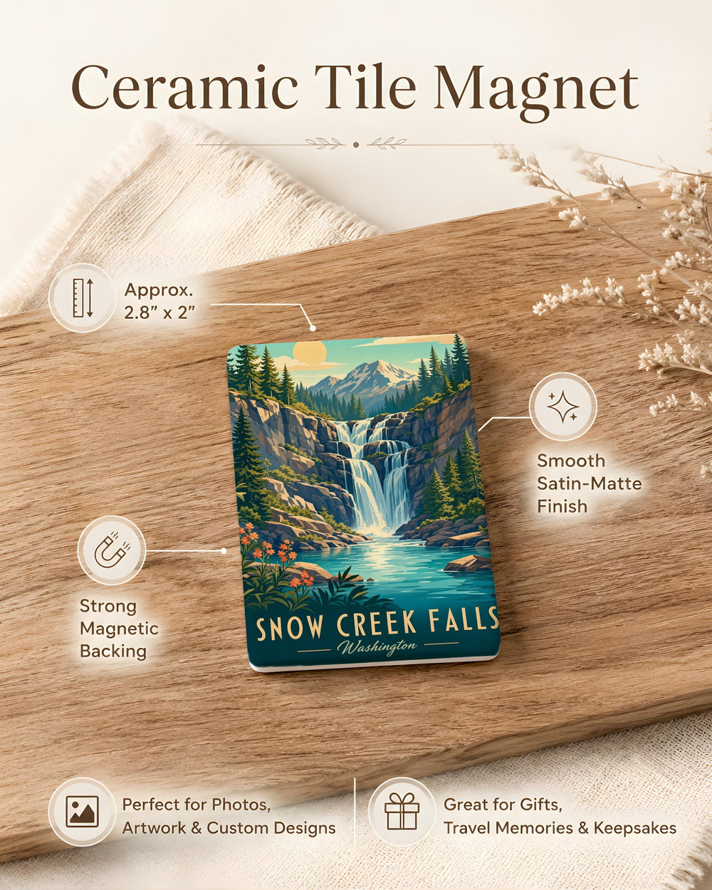 Snow Creek Falls Fridge Magnet, Waterfall Nature Souvenir Magnet, Scenic Mountain Stream Keepsake Magnet