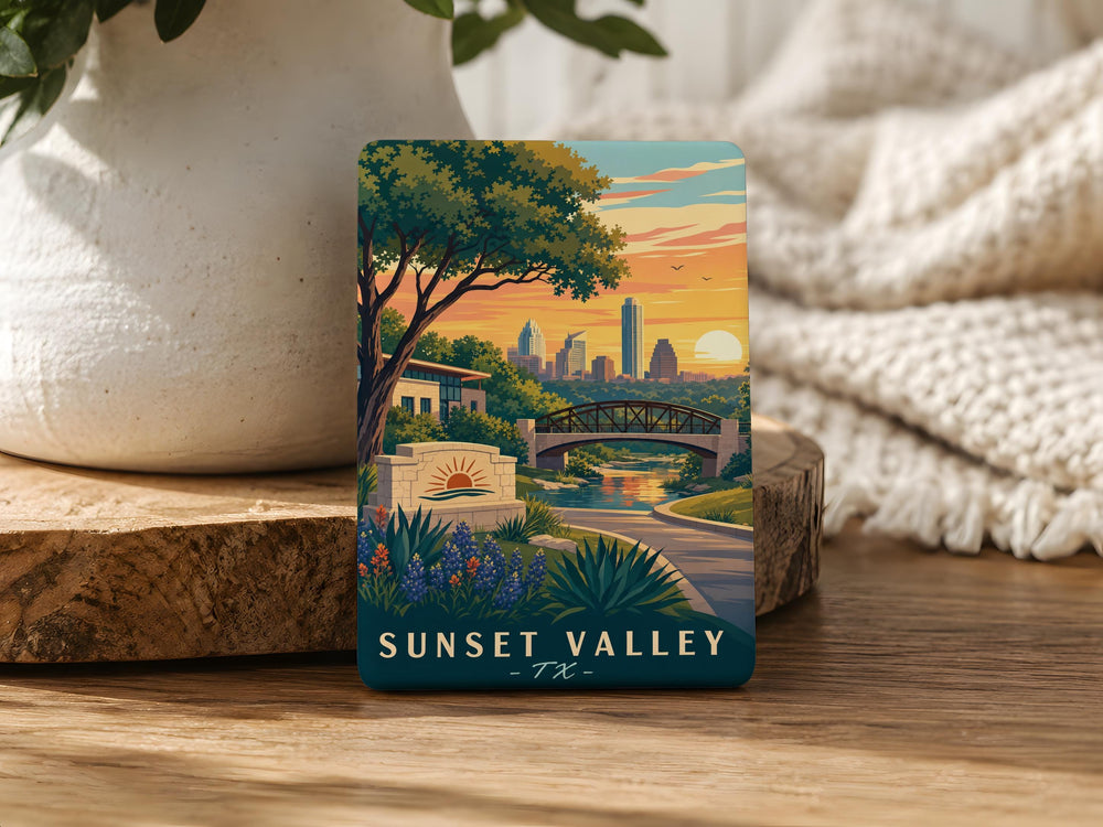 Sunset Valley TX Fridge Magnet, Sunset Valley Texas Souvenir Magnet, City Landmark Travel Keepsake Refrigerator Magnet