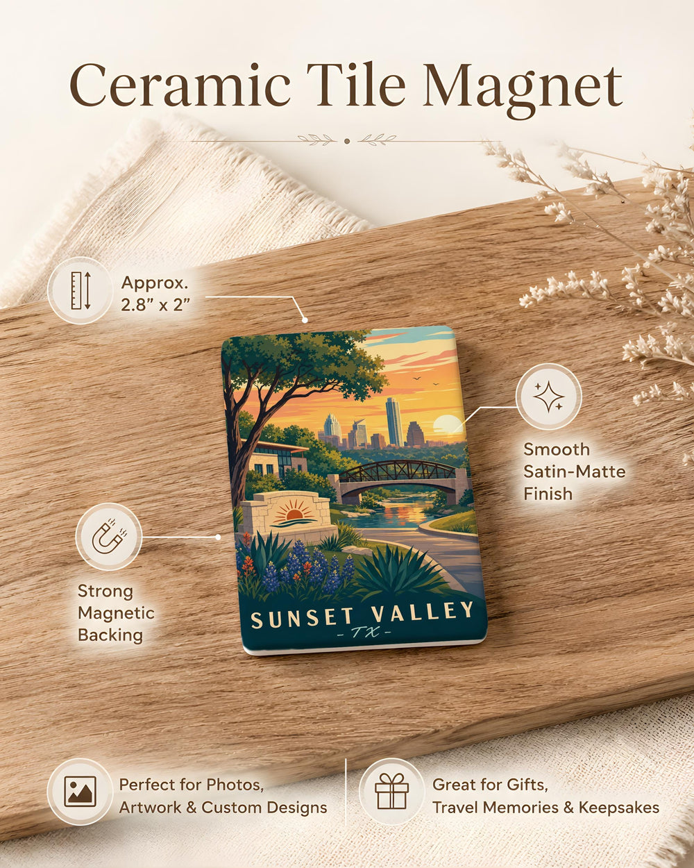 Sunset Valley TX Fridge Magnet, Sunset Valley Texas Souvenir Magnet, City Landmark Travel Keepsake Refrigerator Magnet