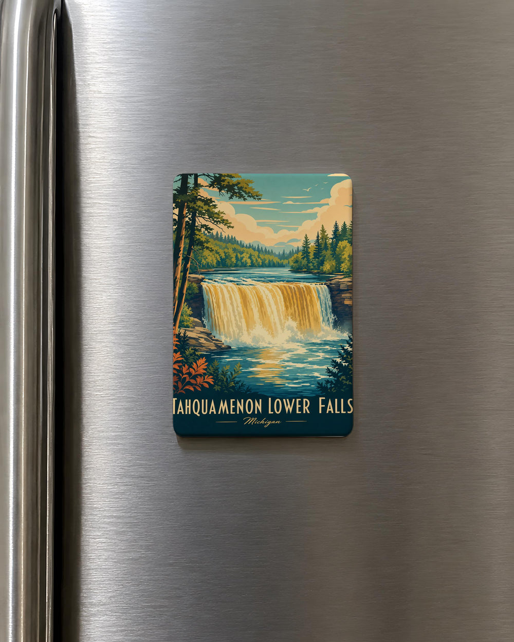 Tahquamenon Lower Falls Fridge Magnet, Michigan Waterfall Souvenir, Upper Peninsula Travel Gift, Nature Landmark Magnet