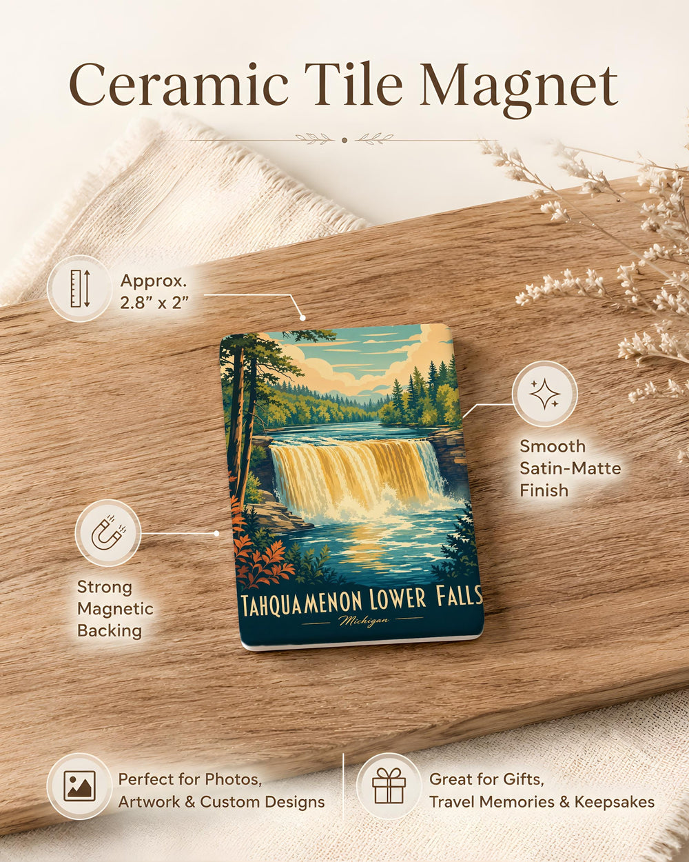 Tahquamenon Lower Falls Fridge Magnet, Michigan Waterfall Souvenir, Upper Peninsula Travel Gift, Nature Landmark Magnet