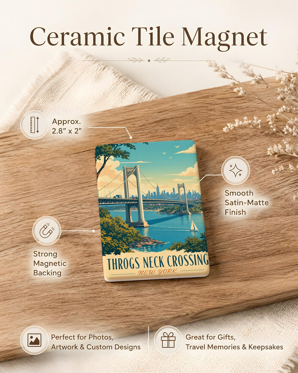 Throgs Neck Crossing Bridge Fridge Magnet, NYC East River Suspension Bridge Souvenir Magnet, New York Landmark Magnet