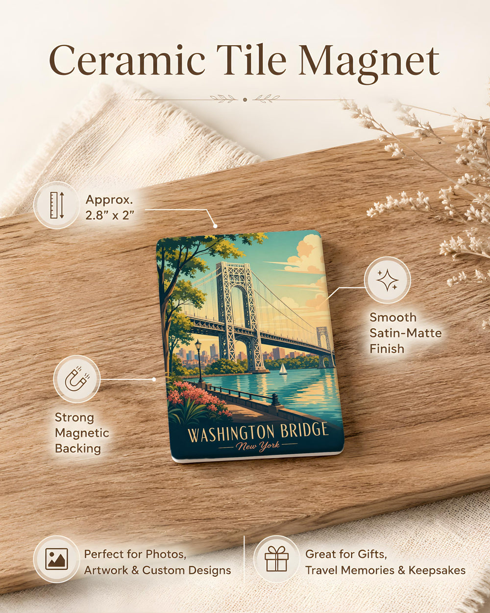 Washington Bridge NYC Fridge Magnet, New York City Bridge Souvenir Magnet, Manhattan Skyline Landmark Magnet