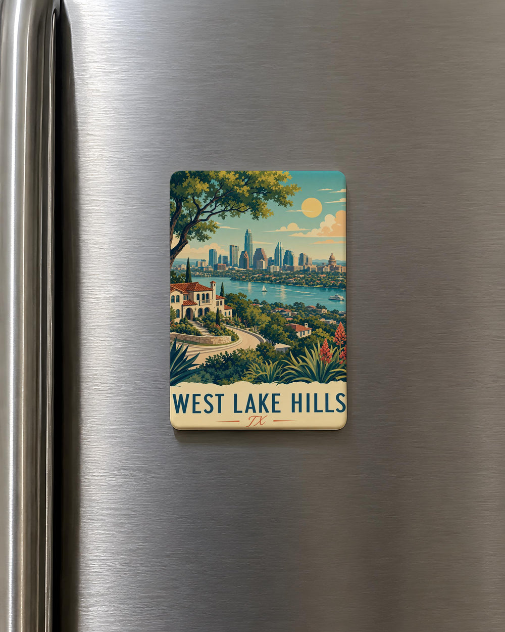 West Lake Hills TX Fridge Magnet, West Lake Hills Texas Souvenir Magnet, City Landmark Travel Keepsake Gift