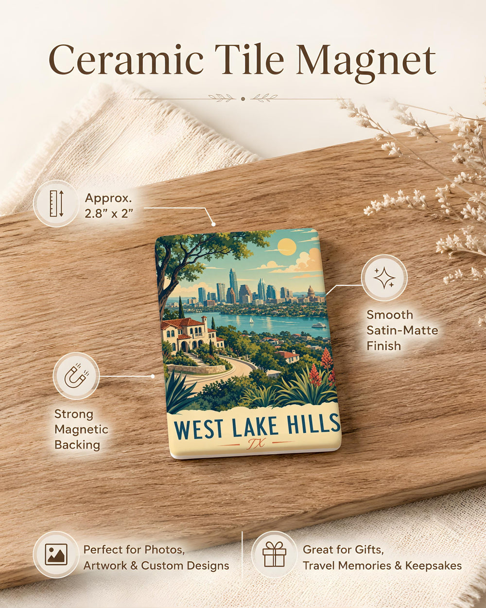 West Lake Hills TX Fridge Magnet, West Lake Hills Texas Souvenir Magnet, City Landmark Travel Keepsake Gift