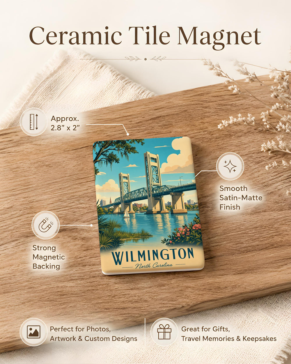 Wilmington Bridge Fridge Magnet, Wilmington Landmark Souvenir Magnet, Bridge Travel Gift, Coastal City Keepsake Magnet