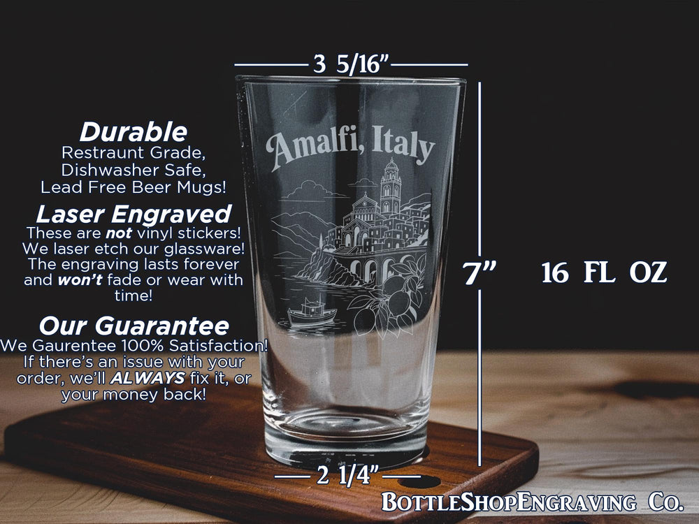 Amalfi Italy Pint Glass, Amalfi Coast Souvenir Beer Glass, Italy Travel Gift, Coastal Town Vacation Drinkware, Mediterranean Decor Glass