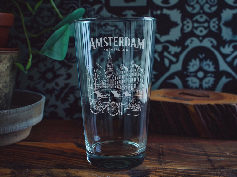 Amsterdam Netherlands Pint Glass, Amsterdam City Souvenir Beer Glass, Netherlands Travel Gift Drinkware, Amsterdam Landmark Pint Glass