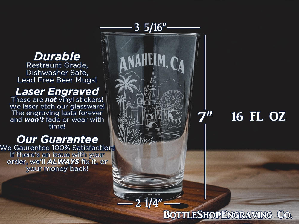 Anaheim CA Pint Glass, Anaheim California Souvenir Beer Glass, Orange County City Skyline Travel Gift Barware