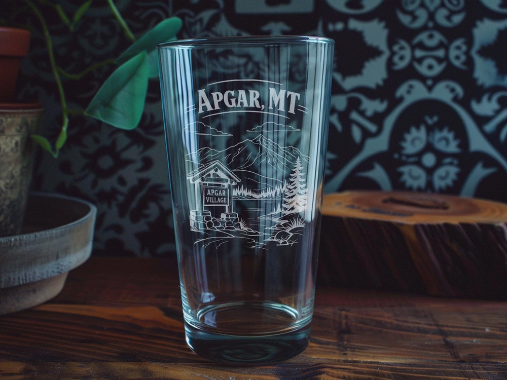 Apgar Montana Pint Glass, Apgar Village MT Souvenir Beer Glass, Glacier National Park Travel Gift Drinkware