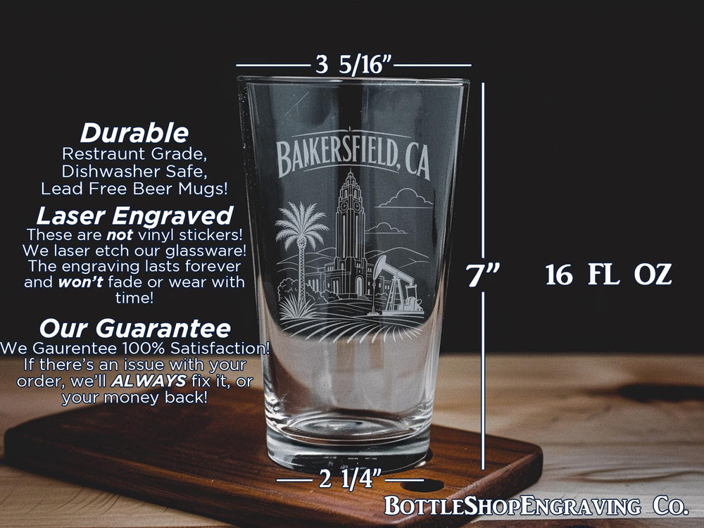 Bakersfield CA Pint Glass, Bakersfield California Souvenir Beer Glass, City Name Barware Gift, Travel Keepsake Drinkware