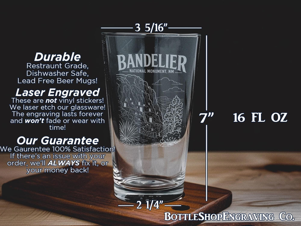 Bandelier National Monument NM Pint Glass, New Mexico Travel Souvenir Glass, Bandelier Monument Gift for Hikers and Tourists