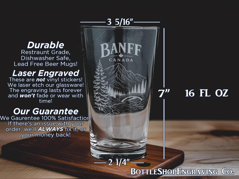 Banff Canada Pint Glass, Banff National Park Souvenir Beer Glass, Rocky Mountains Travel Gift, Alberta Canada Keepsake Glass