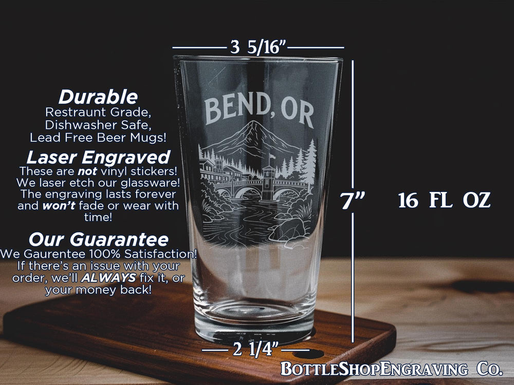 Bend Oregon Pint Glass, Bend OR Souvenir Beer Glass, Central Oregon Travel Gift, Pacific Northwest Barware