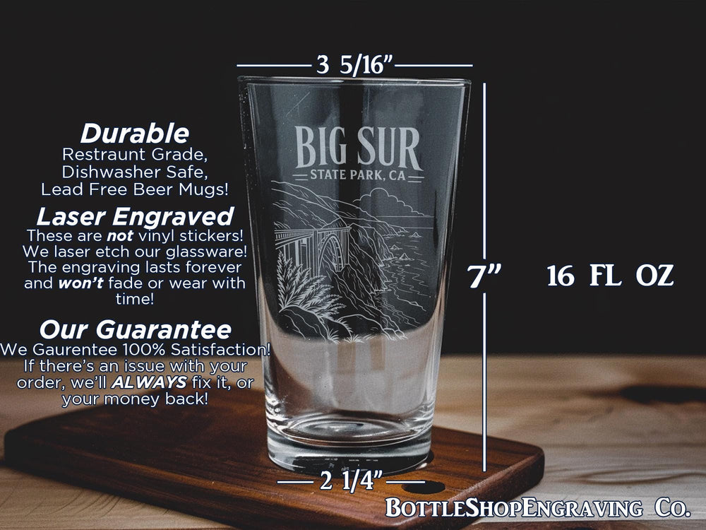 Big Sur State Park California Pint Glass, Big Sur CA Souvenir Beer Glass, Coastal Park Travel Gift, Monterey County Keepsake