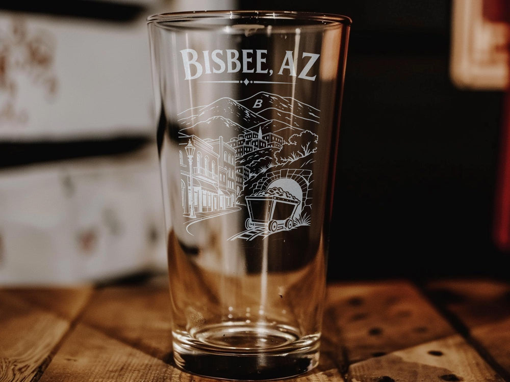 Bisbee AZ Pint Glass, Bisbee Arizona Souvenir Drinkware, Historic Mining Town Gift, Southwest Travel Keepsake Glass