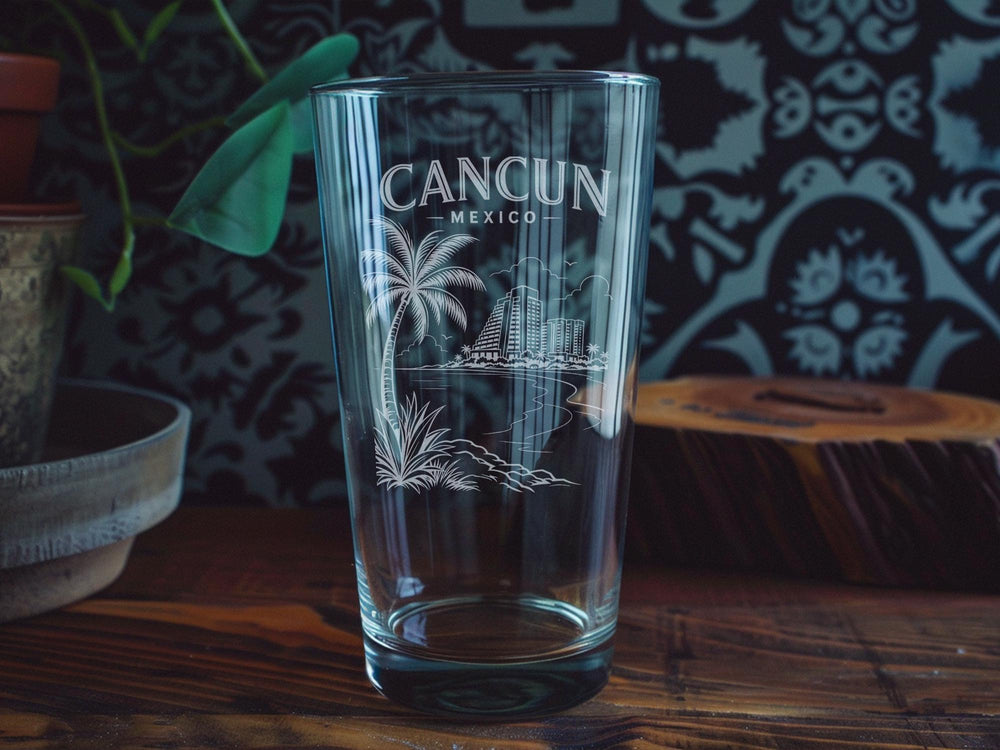 Cancun Mexico Pint Glass, Cancun Souvenir Beer Glass, Mexico Travel Gift, Beach Vacation Barware, Personalized Cancun Gift