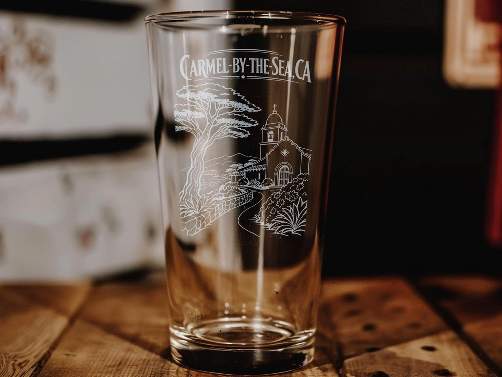 Carmel-by-the-Sea CA Pint Glass, California Coastal Town Souvenir Drinkware, Carmel California Gift, Beach Vacation Keepsake Glass