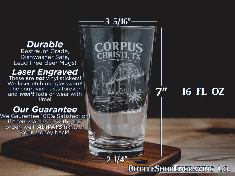Corpus Christi TX Pint Glass, Corpus Christi Texas Souvenir Beer Glass, Coastal Texas Vacation Gift, City Name Barware Glassware