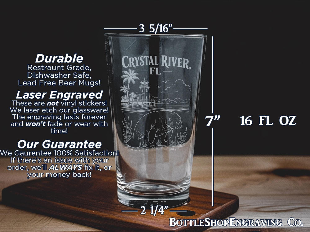 Crystal River Florida Pint Glass, Crystal River FL Souvenir Drinking Glass, Citrus County Travel Gift, Florida Vacation Keepsake