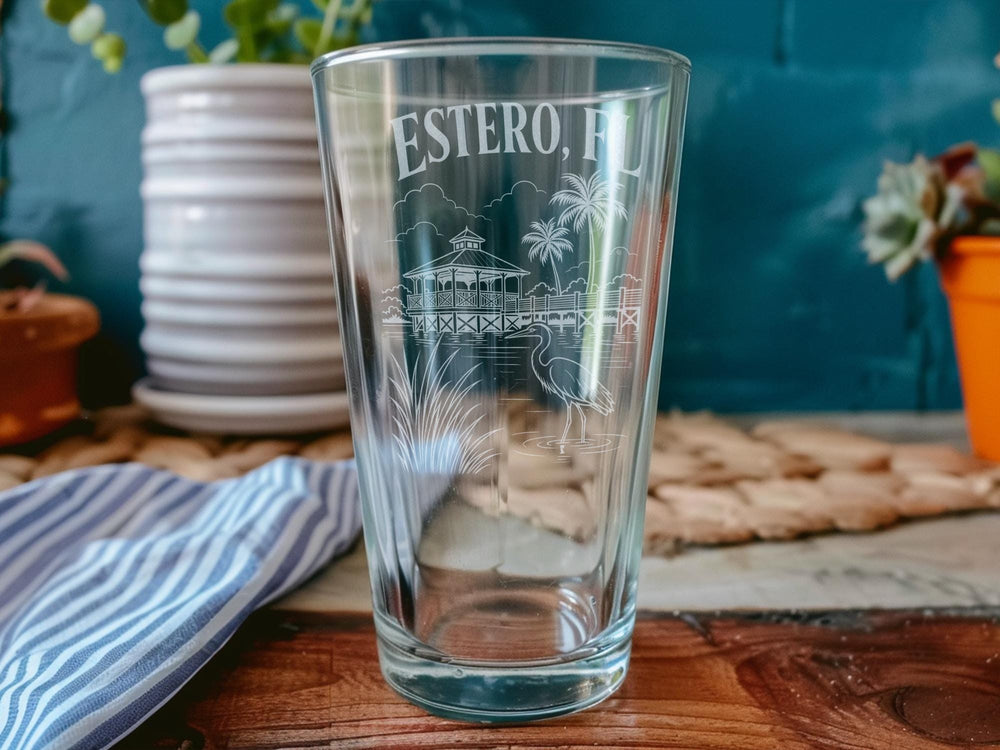 Estero FL Pint Glass, Estero Florida Souvenir Beer Glass, Southwest Florida Gift, Coastal Town Travel Keepsake Glass