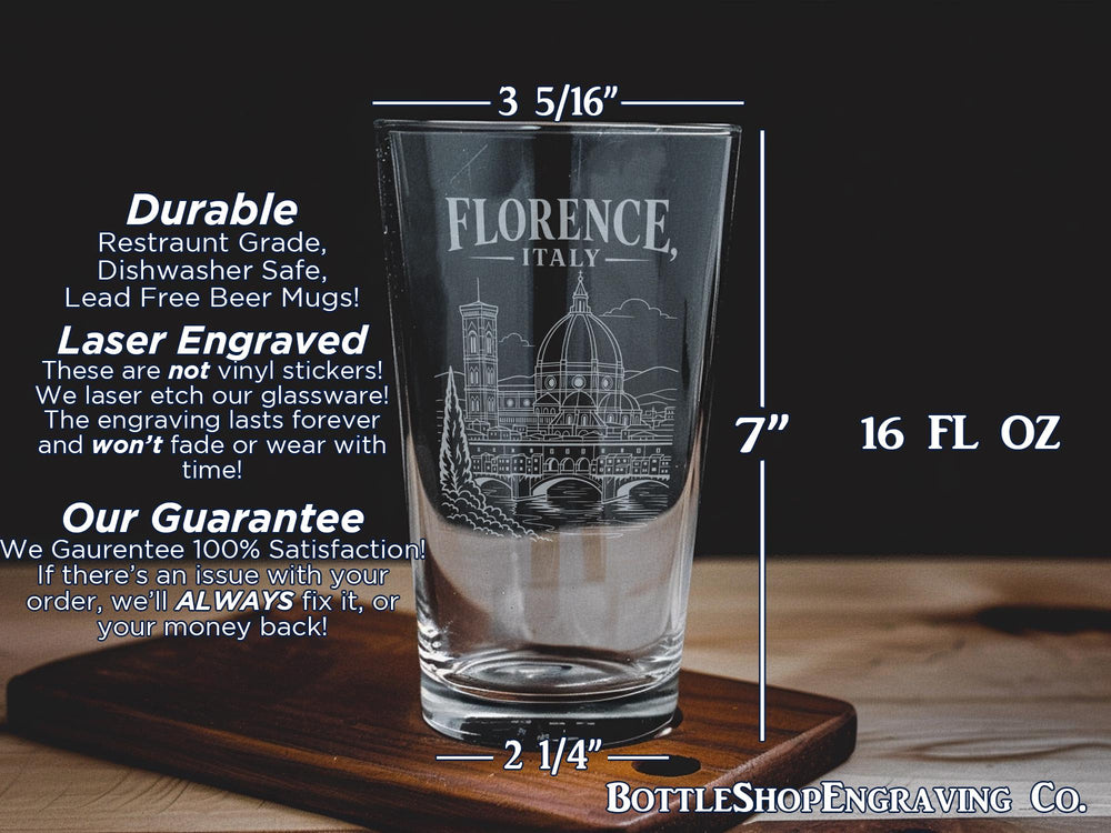 Florence Italy Pint Glass, Florence Skyline Souvenir Glass, Tuscany Travel Gift, Italian City Landmark Drinkware, Florence Vacation Keepsake