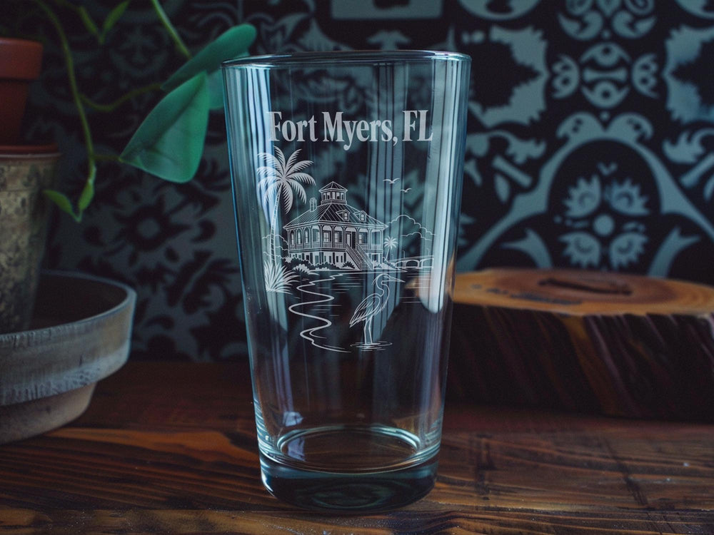 Fort Myers FL Pint Glass, Fort Myers Florida Souvenir Beer Glass, Coastal Gulf Coast City Travel Drinkware Gift