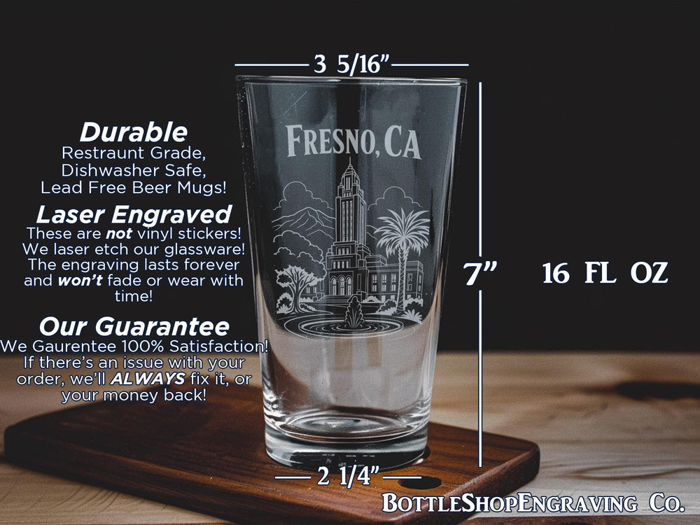 Fresno California Pint Glass, Fresno CA Souvenir Beer Glass, Central Valley City Drinkware, Fresno Skyline Landmark Gift