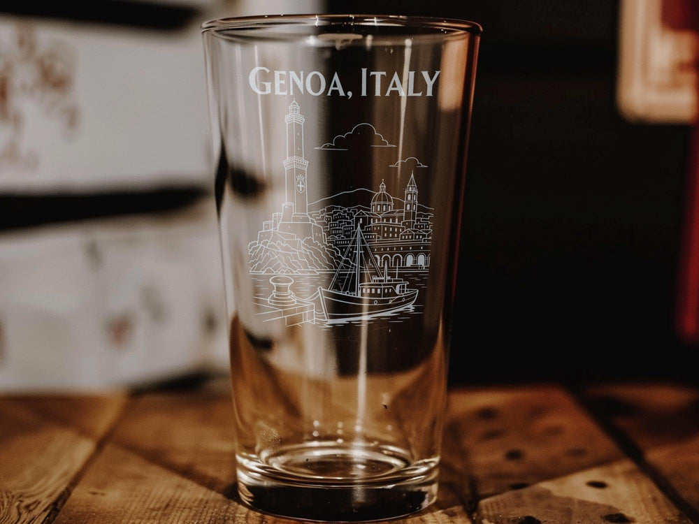 Genoa Italy Pint Glass, Genoa Skyline Souvenir Beer Glass, Liguria Travel Gift, Italian Coastal City Drinkware, Genova Italy Glass
