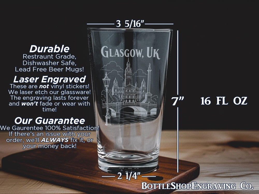 Glasgow UK Pint Glass, Glasgow City Skyline Souvenir Beer Glass, Scotland Travel Gift, Glasgow Landmarks Pub Glass