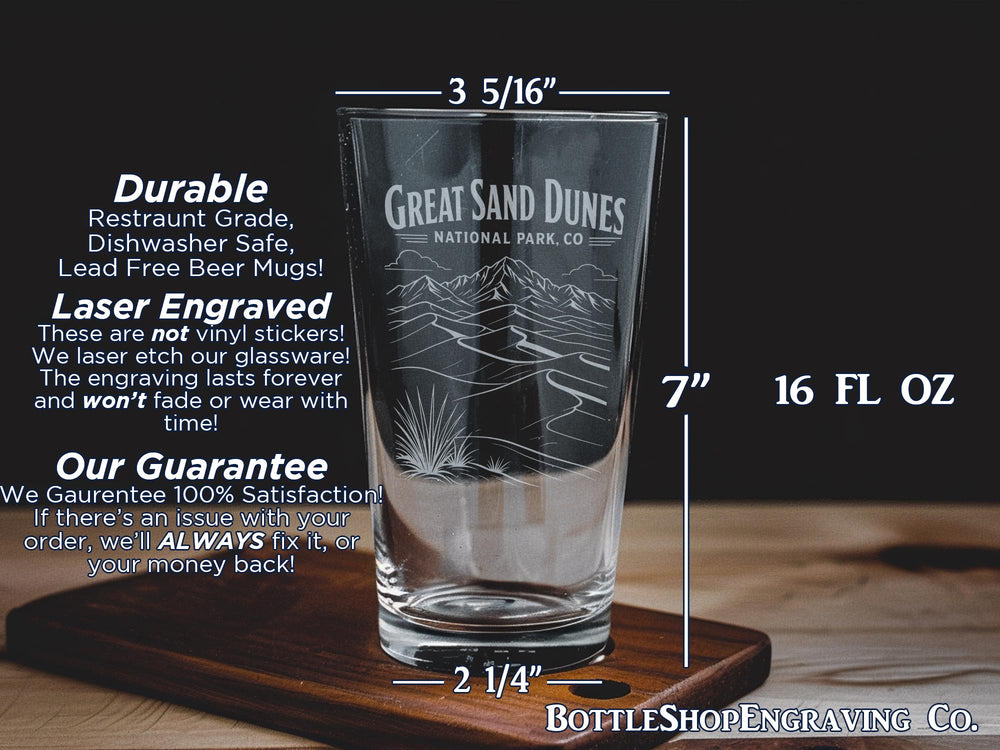 Great Sand Dunes National Park Colorado Pint Glass, Great Sand Dunes CO Souvenir Beer Glass, National Park Gift for Hikers
