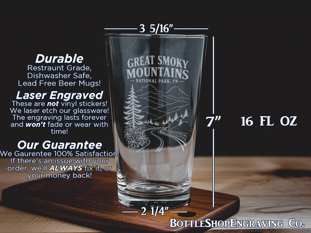 Great Smoky Mountains National Park TN Pint Glass, Tennessee Souvenir Drinkware, Smokies Travel Gift, National Park Glassware