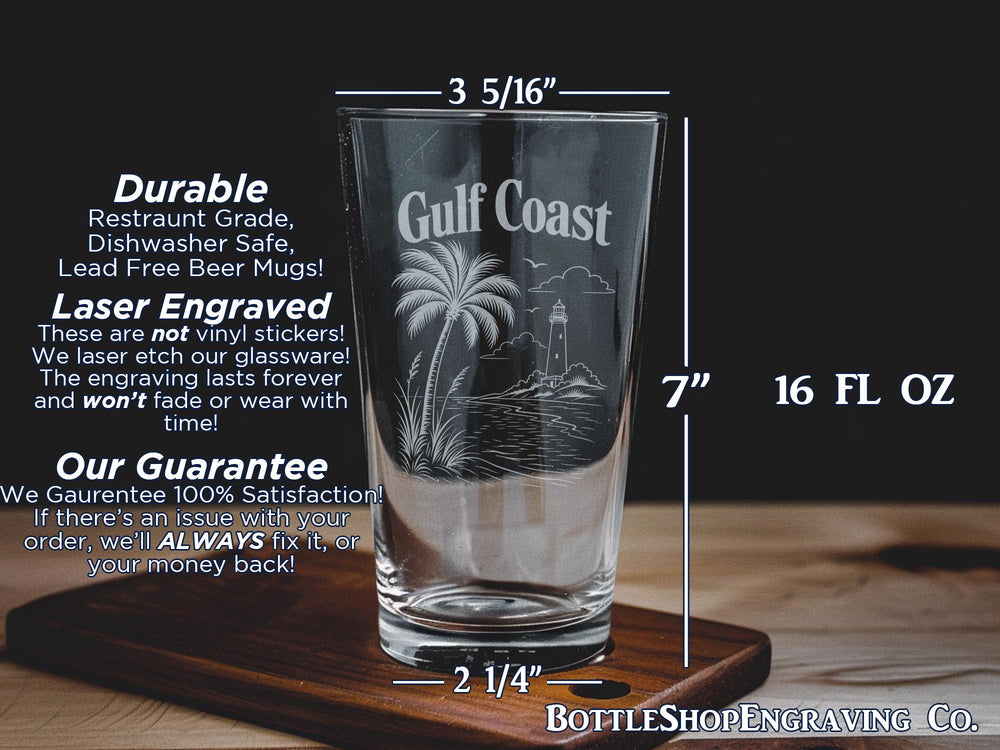 Gulf Coast Pint Glass, Coastal Beach Souvenir Beer Glass, Ocean Waves Seashells Sand Dunes Shoreline Drinkware Gift