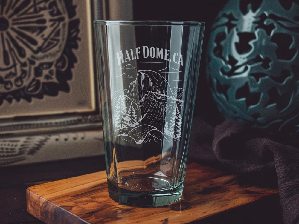 Half Dome California Pint Glass, Yosemite National Park Mountain Landscape Beer Glass, Hiking Camper Gift Souvenir Drinkware